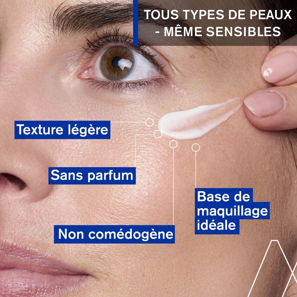 Gros plan sur un visage. Texte: Texture légère, Sans parfum, Non comédogène. Crème sur la peau.