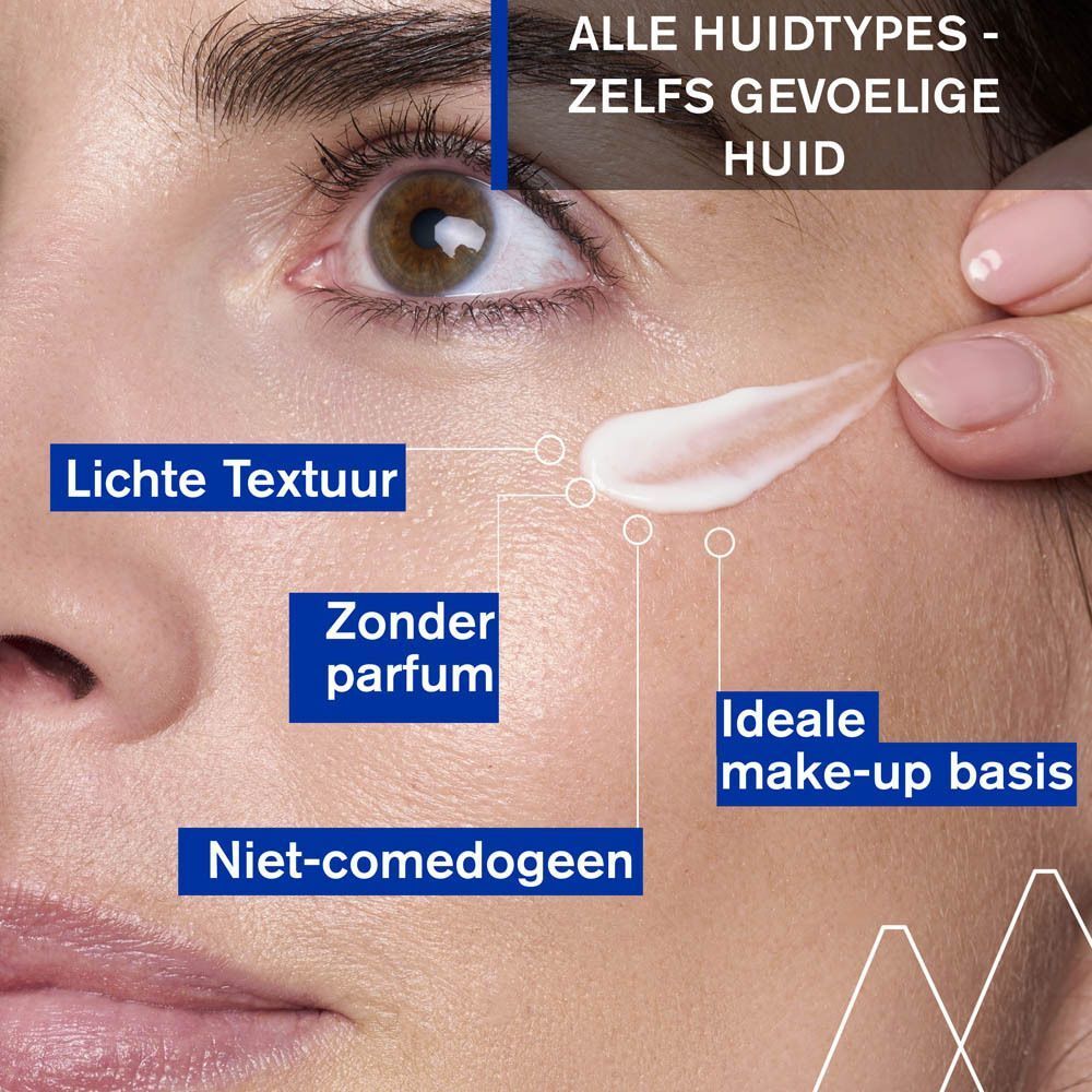 Close-up van een gezicht. Tekst: Lichte Textuur, Zonder parfum, Niet-comedogeen. Crème op de huid.