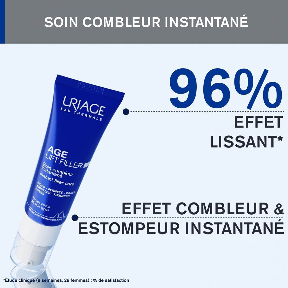 Tube bleu avec texte: Uriage Age Lift Filler. Texte: 96% effet lissant. Effet Combleur & Estompeur Instantané.