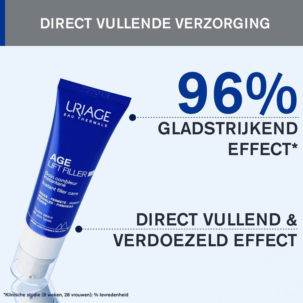 Blauwe tube met tekst: Uriage Age Lift Filler. Tekst: 96% gladmakend effect. Direct Vullende Verzorging.