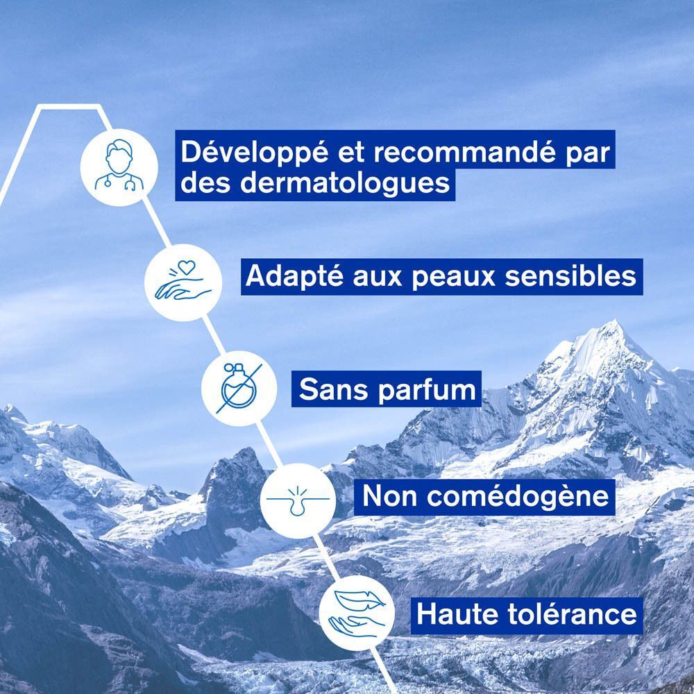 Graphique avec informations. Texte: Développé et recommandé par des dermatologues, adapté aux peaux sensibles, sans parfum.