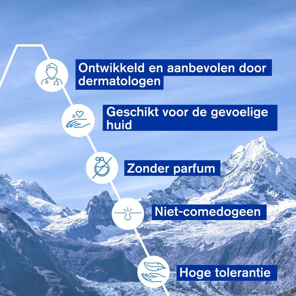 Grafiek met informatie. Tekst: Ontwikkeld en aanbevolen door dermatologen, geschikt voor de gevoelige huid, parfumvrij.