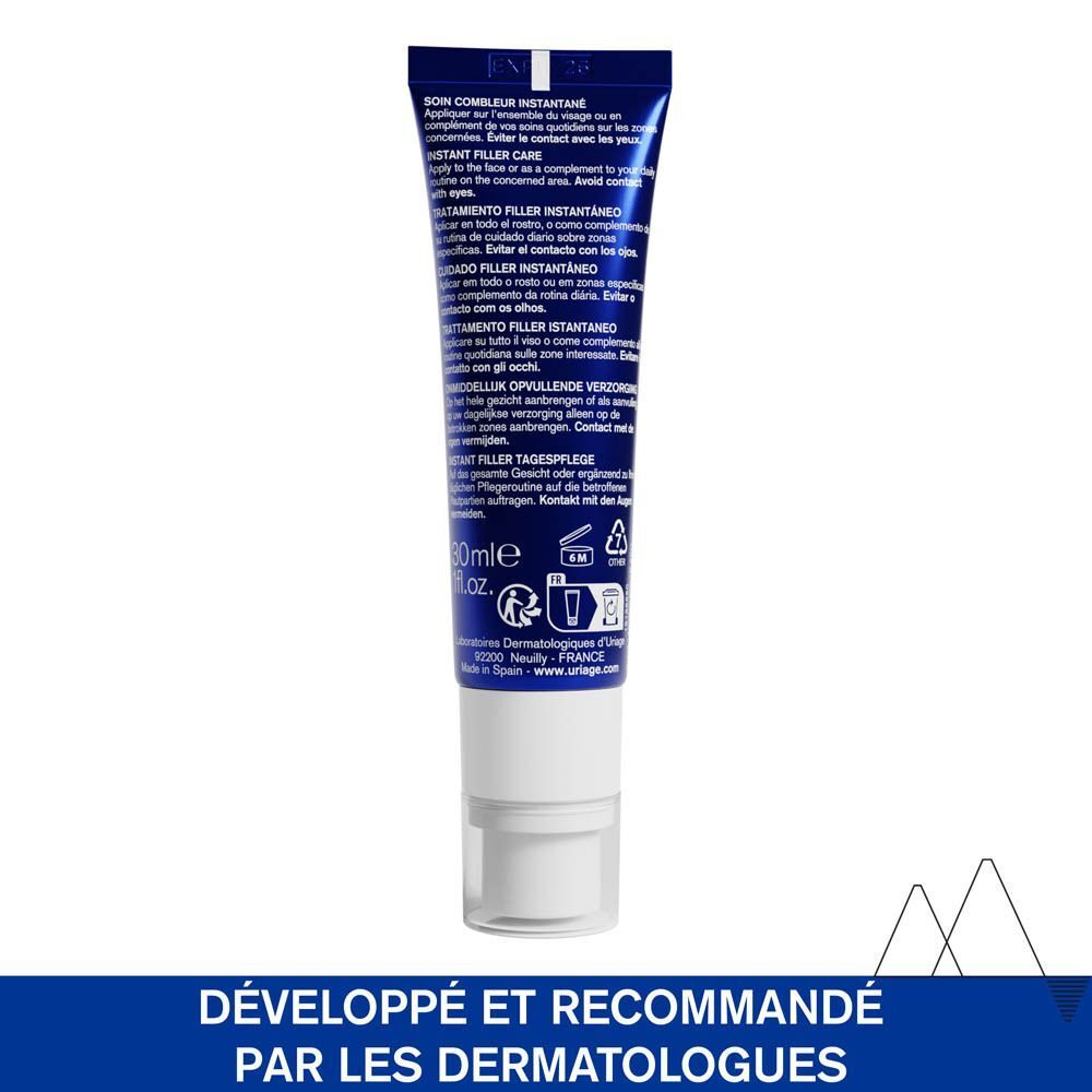 Dos d'un tube bleu. Texte: Instant Filler Care. Texte en plusieurs langues.