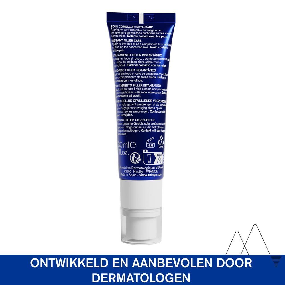 Achterkant van een blauwe tube. Tekst: Instant Filler Care. Tekst in meerdere talen.