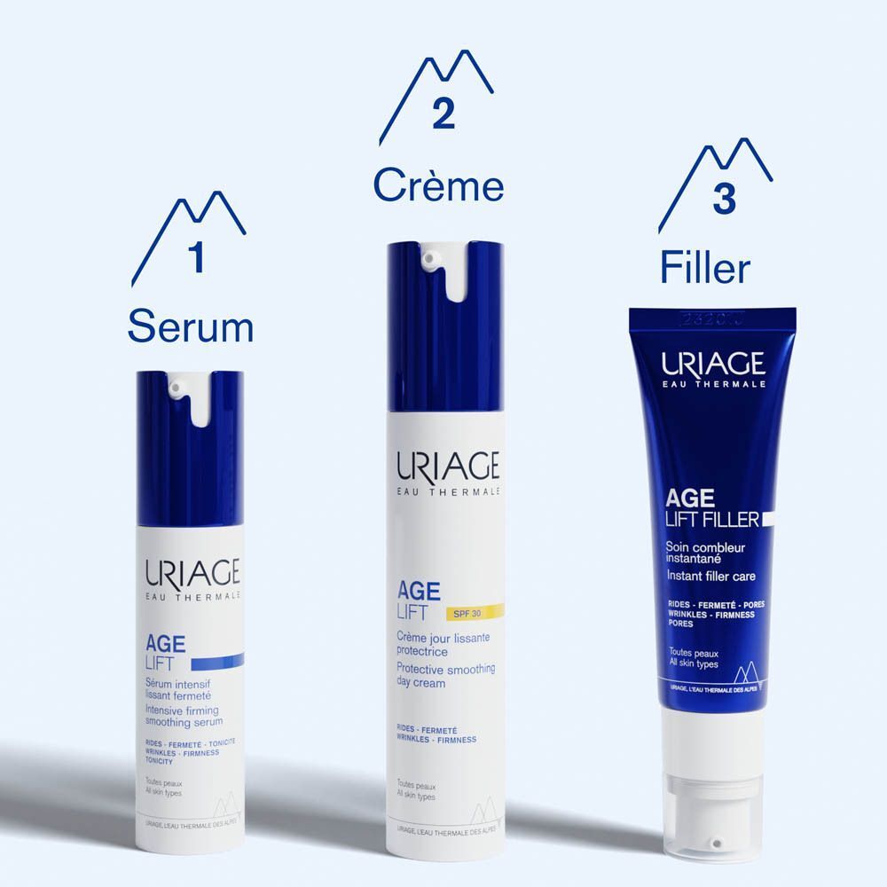 Drie producten naast elkaar. Serum, Crème, Filler. Blauwe flacons met witte dop.