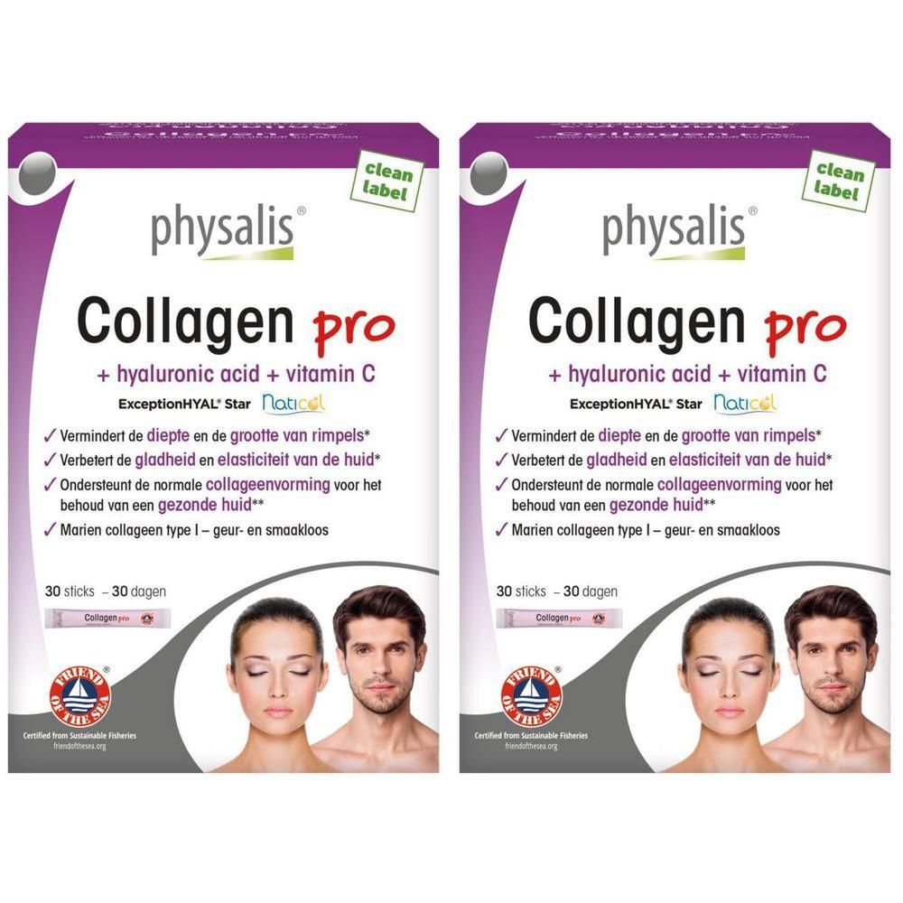 Twee pakken Physalis Collageen Pro met hyaluronzuur en vitamine C, 30 sticks per pak.