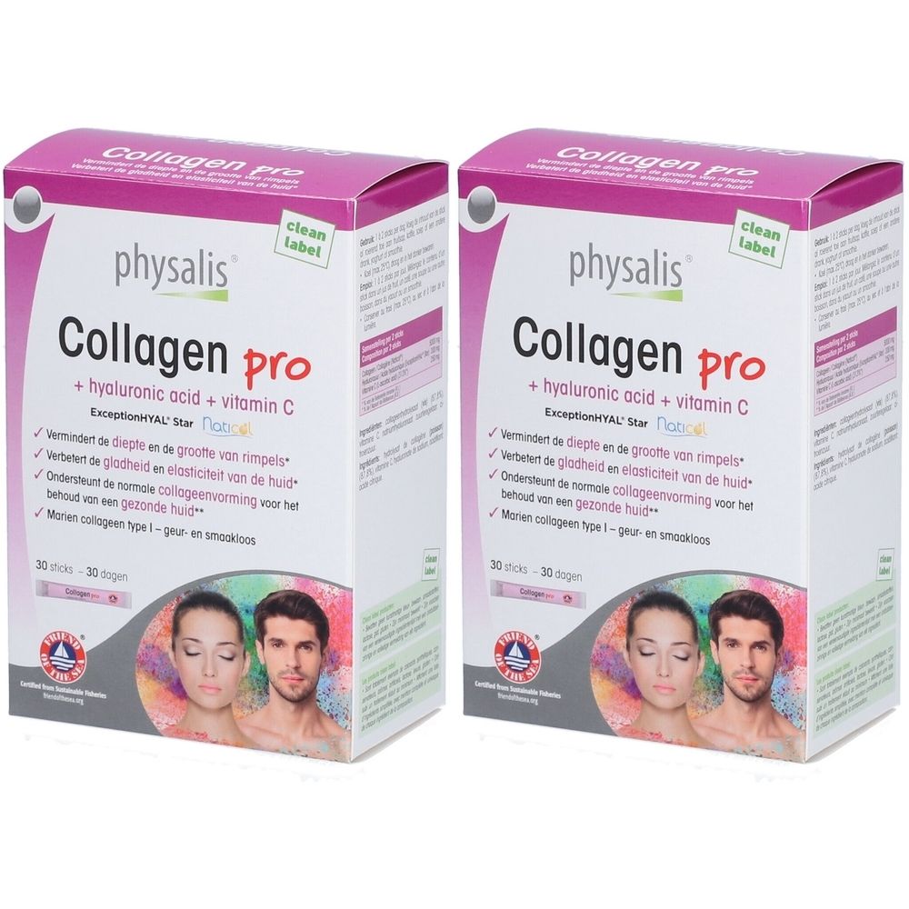 Twee dozen physalis® Collagen Pro. Opschrift: Collagen Pro, hyaluronzuur + vitamine C. Met afbeeldingen van gezichten.