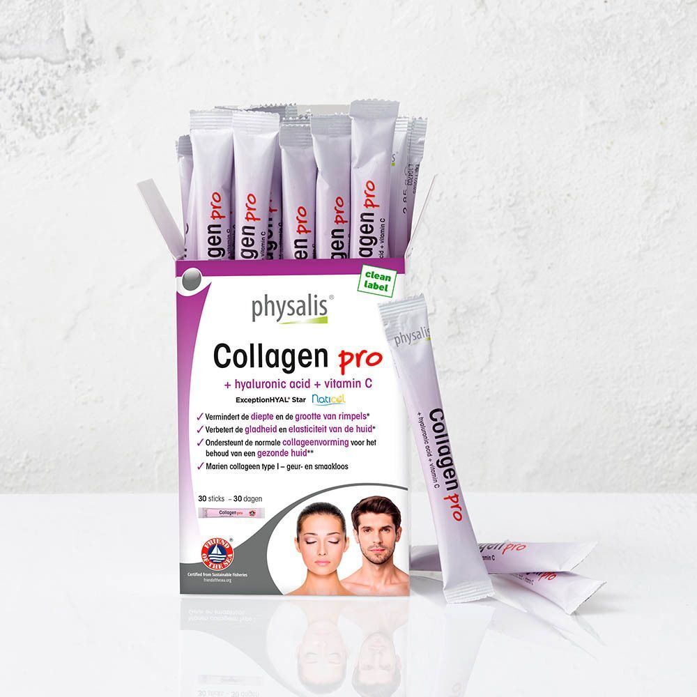 Een pak Physalis Collageen Pro met hyaluronzuur en vitamine C, 30 sticks, met individuele sticks.