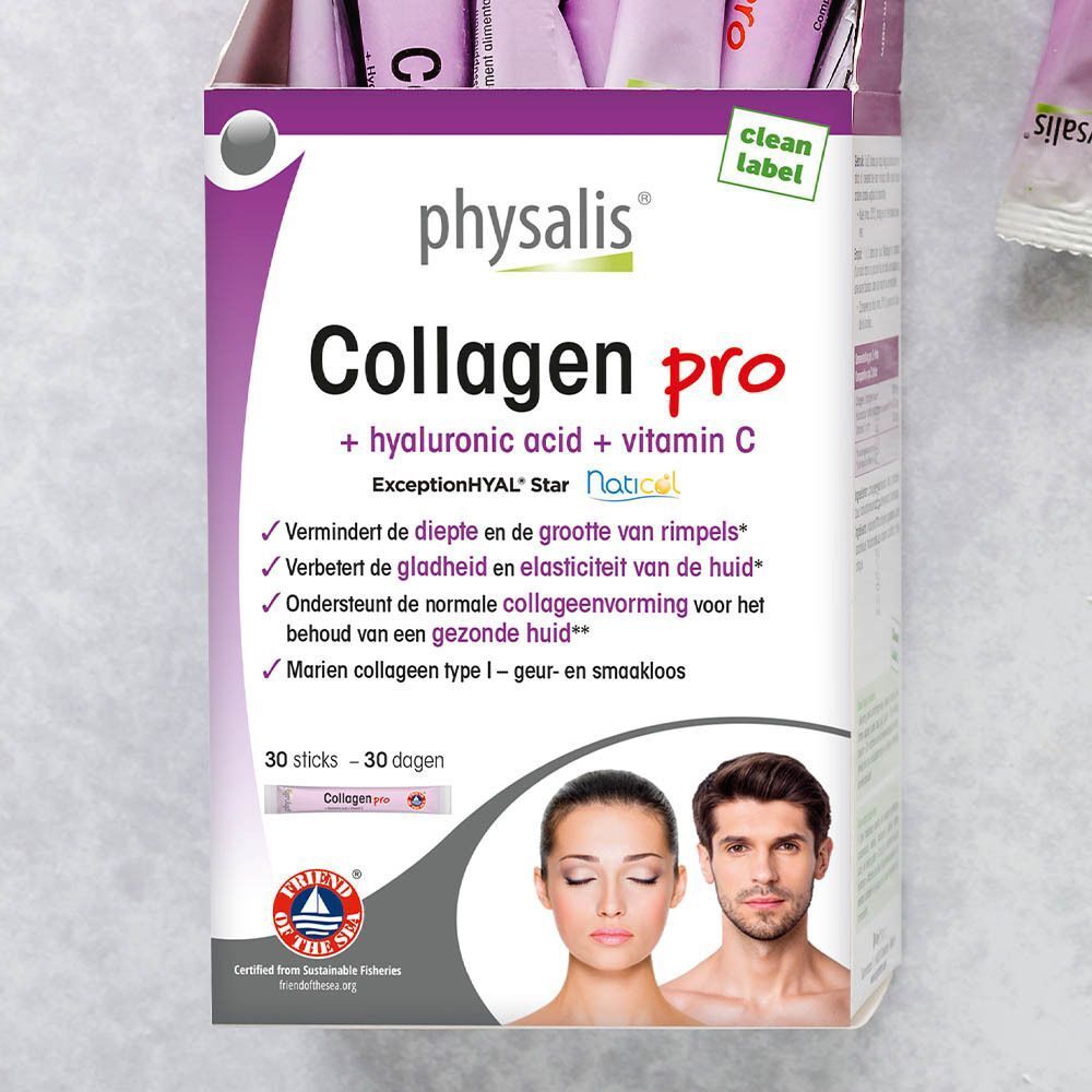 Een open pak Physalis Collageen Pro met hyaluronzuur en vitamine C, 30 sticks, enkele sticks zichtbaar.