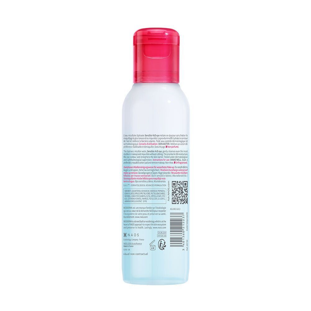 Dos d'un flacon de Bioderma Sensibio H2O eye. Flacon blanc avec bouchon rose. Texte et code QR sur l'étiquette.