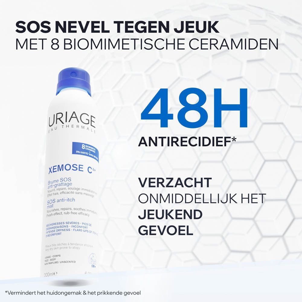 Blauw-witte grafiek. Tekst: SOS tegen jeuk. 48H Anti-recidive. Verzacht onmiddellijk.