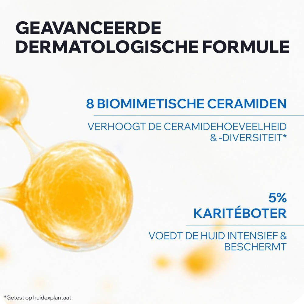 Kom met crème. Tekst: 5% Karitéboter. 8 biomimetische ceramiden.