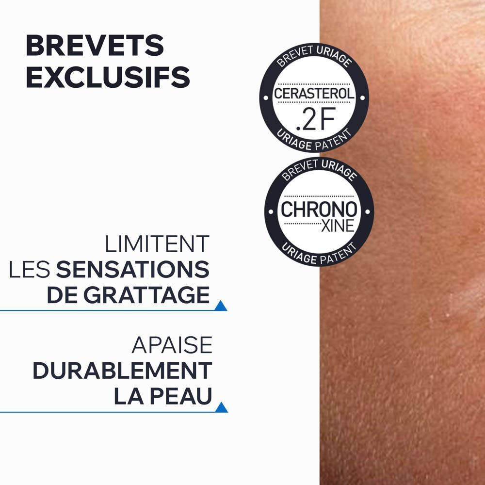Gros plan sur la peau. Texte: Brevets exclusifs. Limite les sensations de grattage.