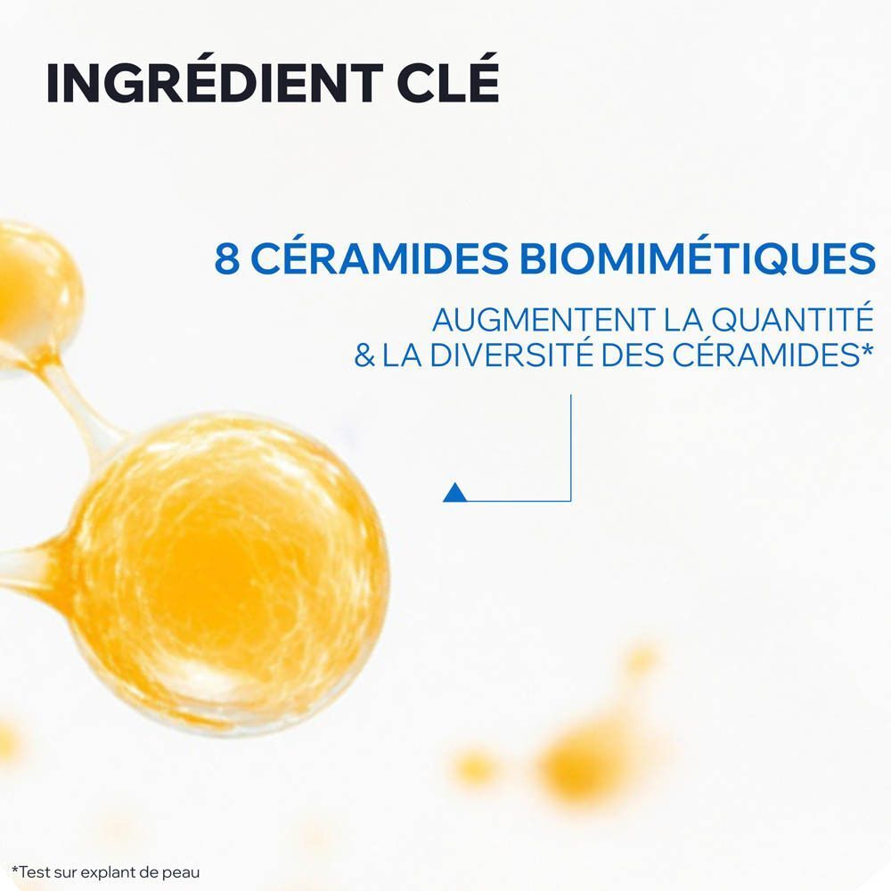 Molécules jaunes. Texte: 8 céramides biomimétiques. Augmentent la quantité de céramides.