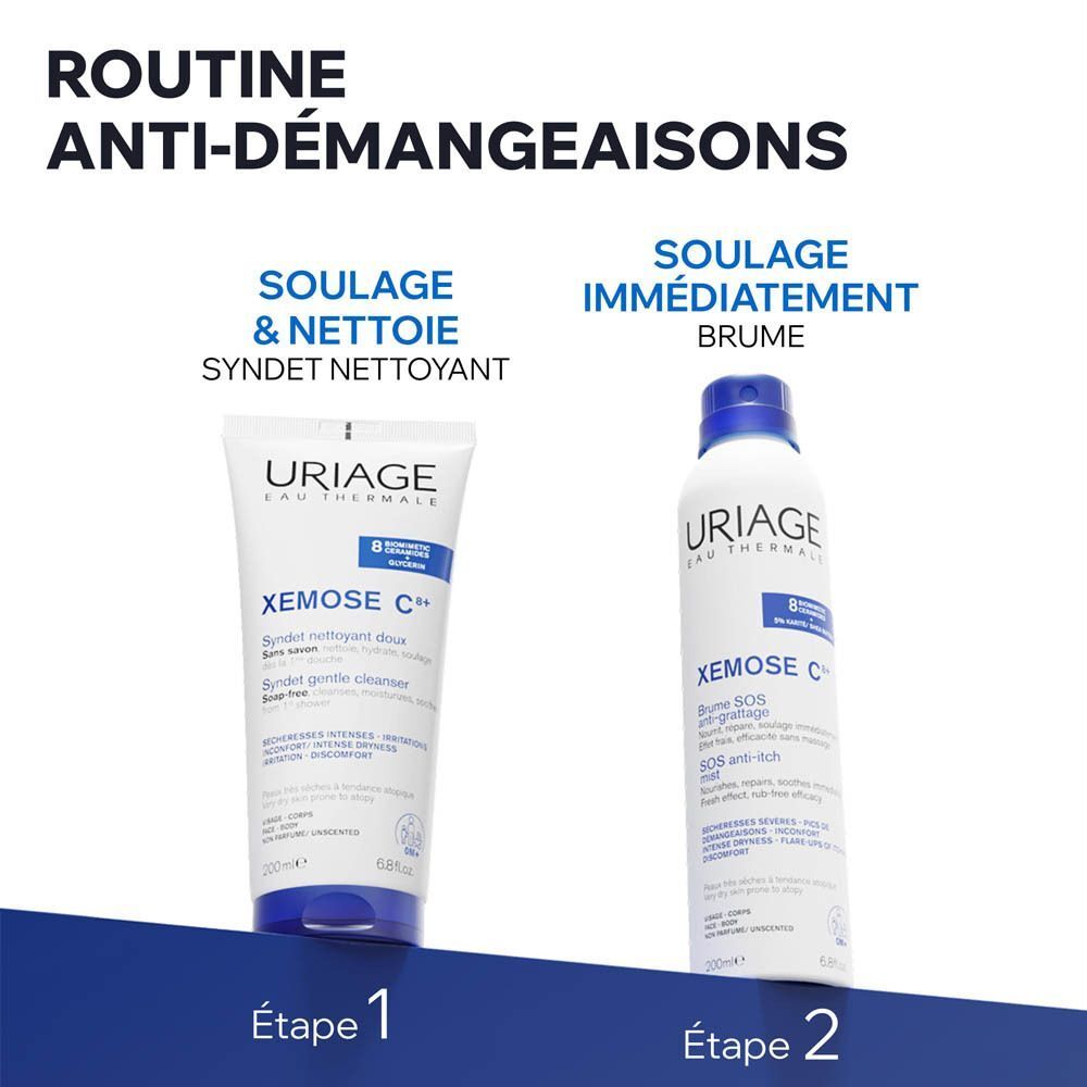 Deux produits. Texte: Routine anti-démangeaisons. Gel nettoyant et spray.
