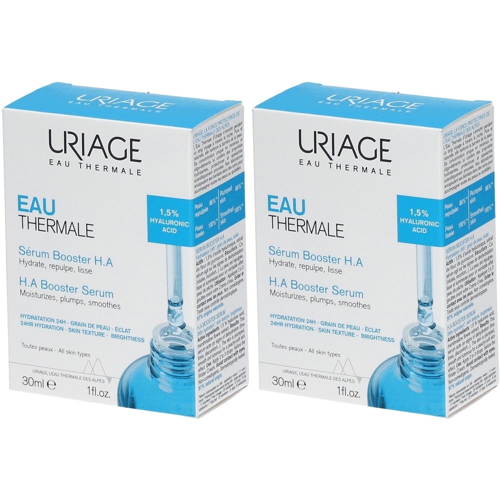 Twee Uriage Sérum Booster H.A. verpakkingen. Blauwe dozen met productinformatie en pipet-afbeelding.