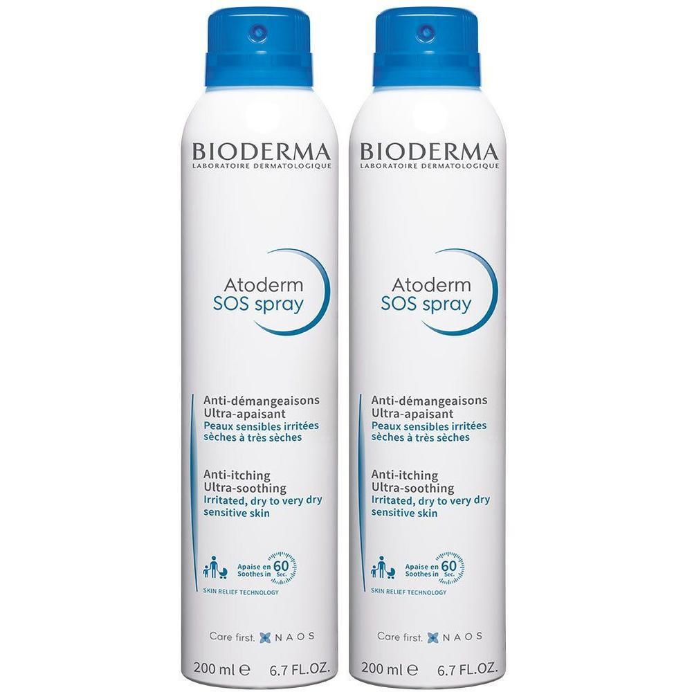 Deux sprays. Blanc, bleu. BIODERMA Atoderm SOS Spray. Anti-démangeaisons, ultra-apaisant. Peaux sensibles. 200 ml.