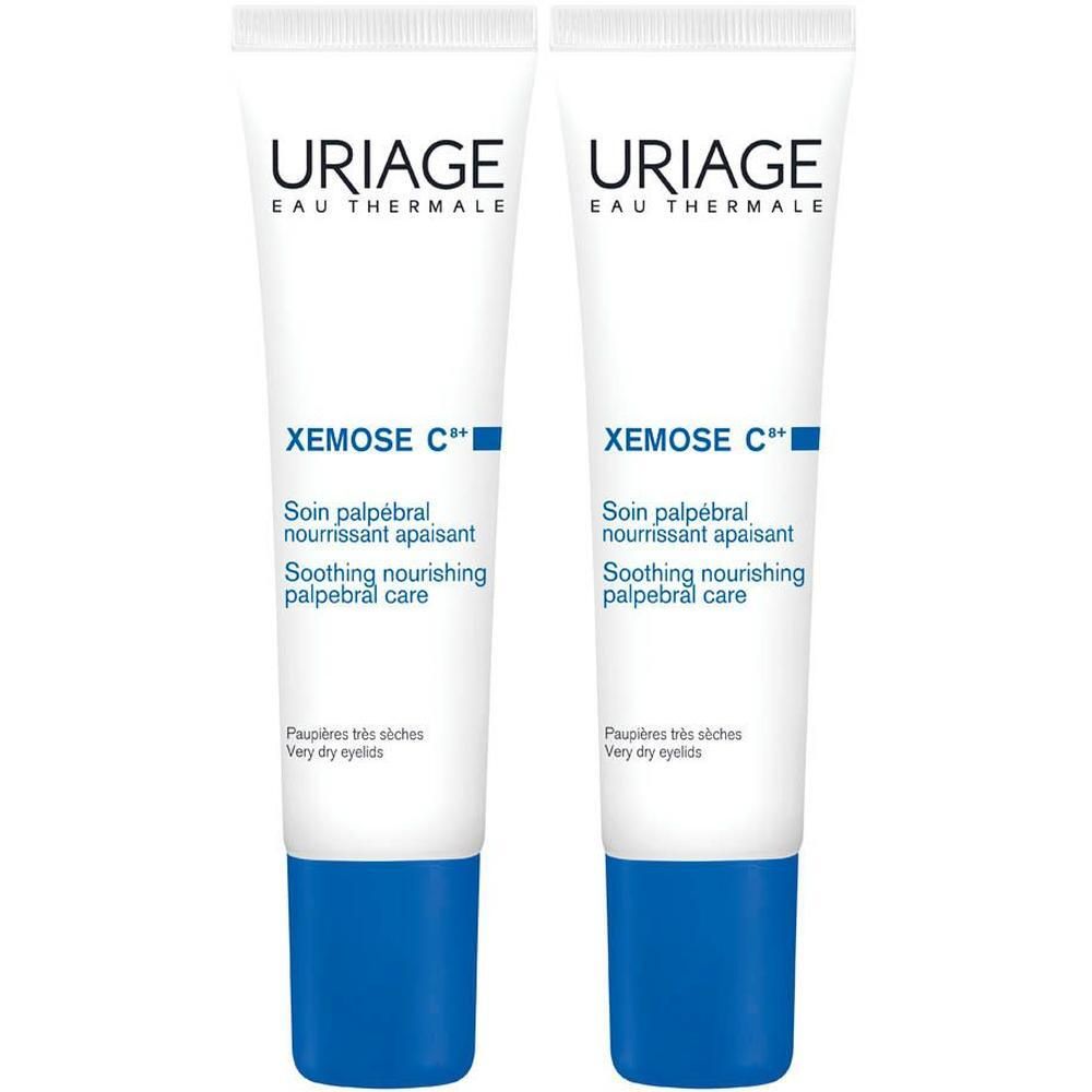 Deux tubes de Uriage Xémose C+ Contour des yeux. Tubes blancs, bouchons bleus. Texte.