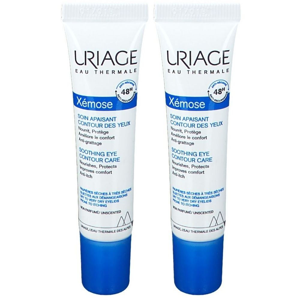 Twee tubes Uriage Xémose oogcontourcrème. Witte tubes met blauwe doppen. Tekst.