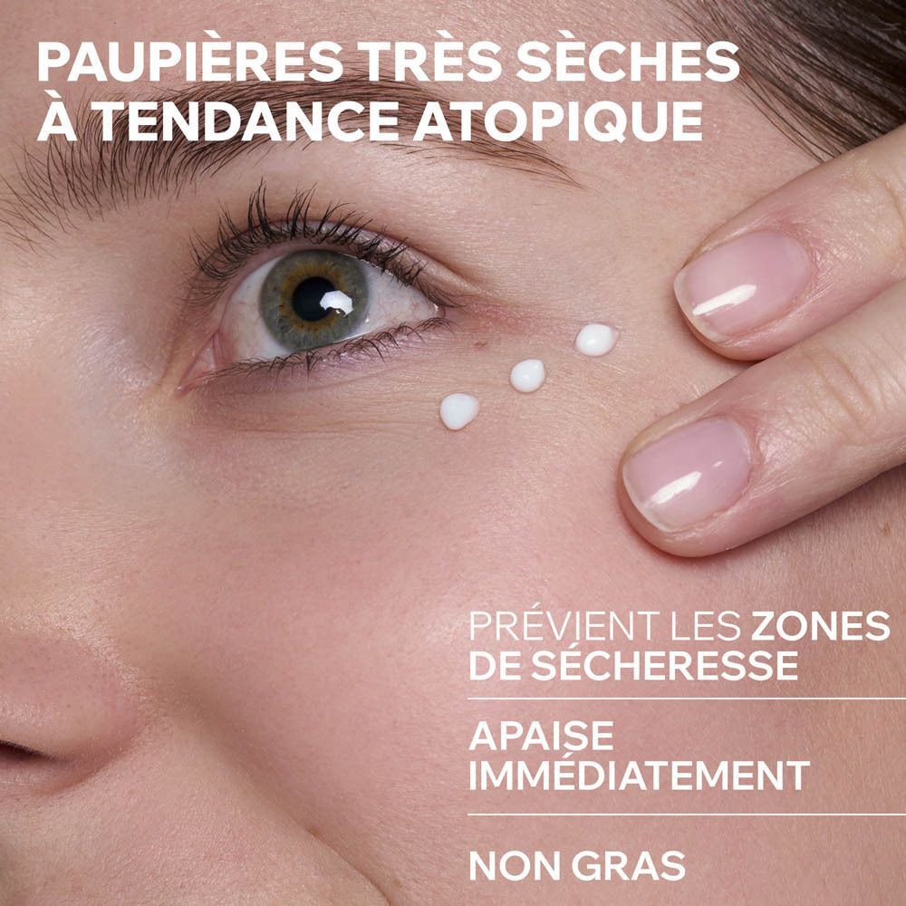 Gros plan sur un œil avec points de crème. Texte : Prévient la sécheresse, apaise immédiatement, non gras.