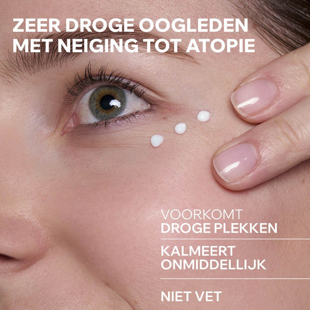 Close-up van een oog met crème-stippen. Tekst: Voorkomt droge plekken, kalmeert onmiddellijk, niet vet.