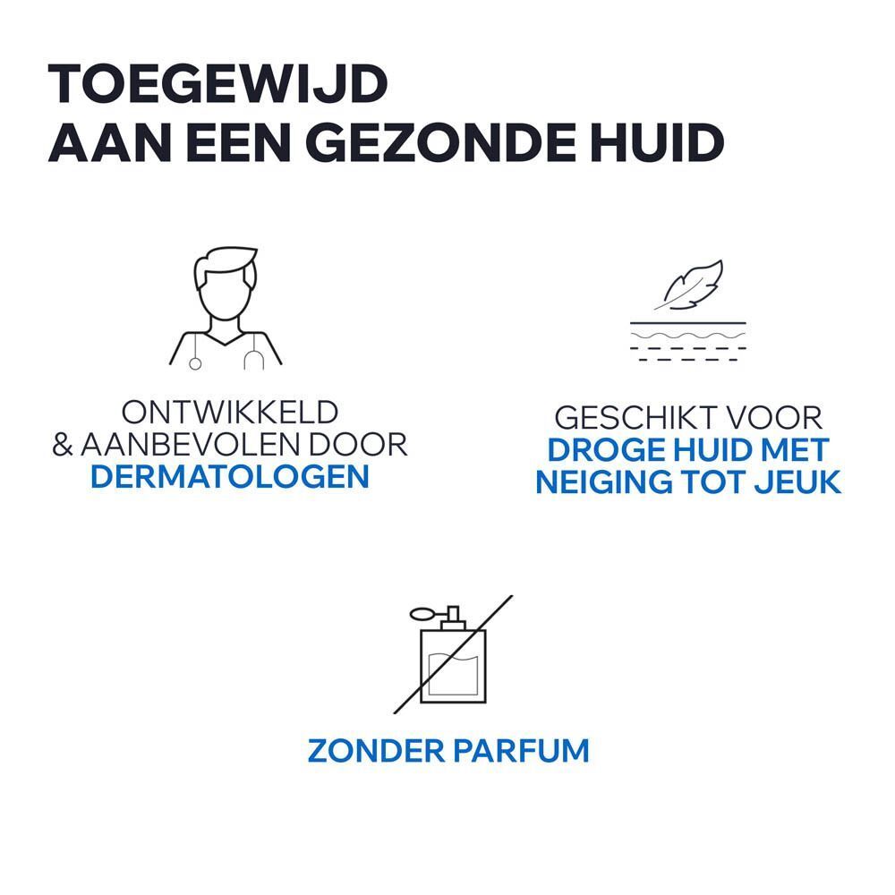 Afbeelding met symbolen. Ontwikkeld en aanbevolen door dermatologen. Zonder parfum. Voor droge huid.