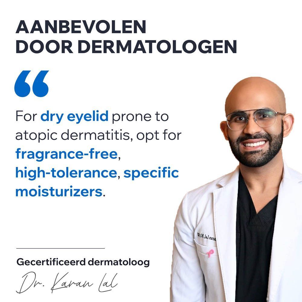 Een man in witte jas. Citaat: Voor droge oogleden, zonder parfum, hoge tolerantie.
