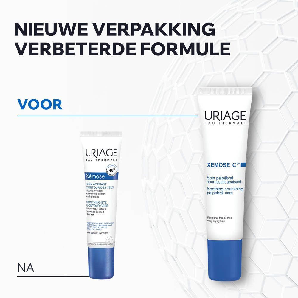 Voor-en-na vergelijking. Uriage Xémose oogcontourcrème. Nieuwe verpakking, verbeterde formule.