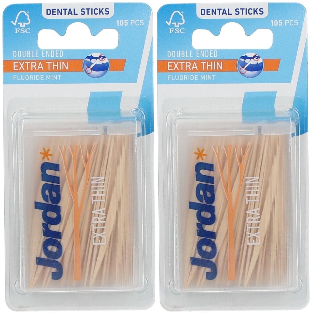Deux paquets de cure-dents Jordan Extra fins. Cure-dents à double extrémité, menthe fluorée. 105 pièces par paquet.