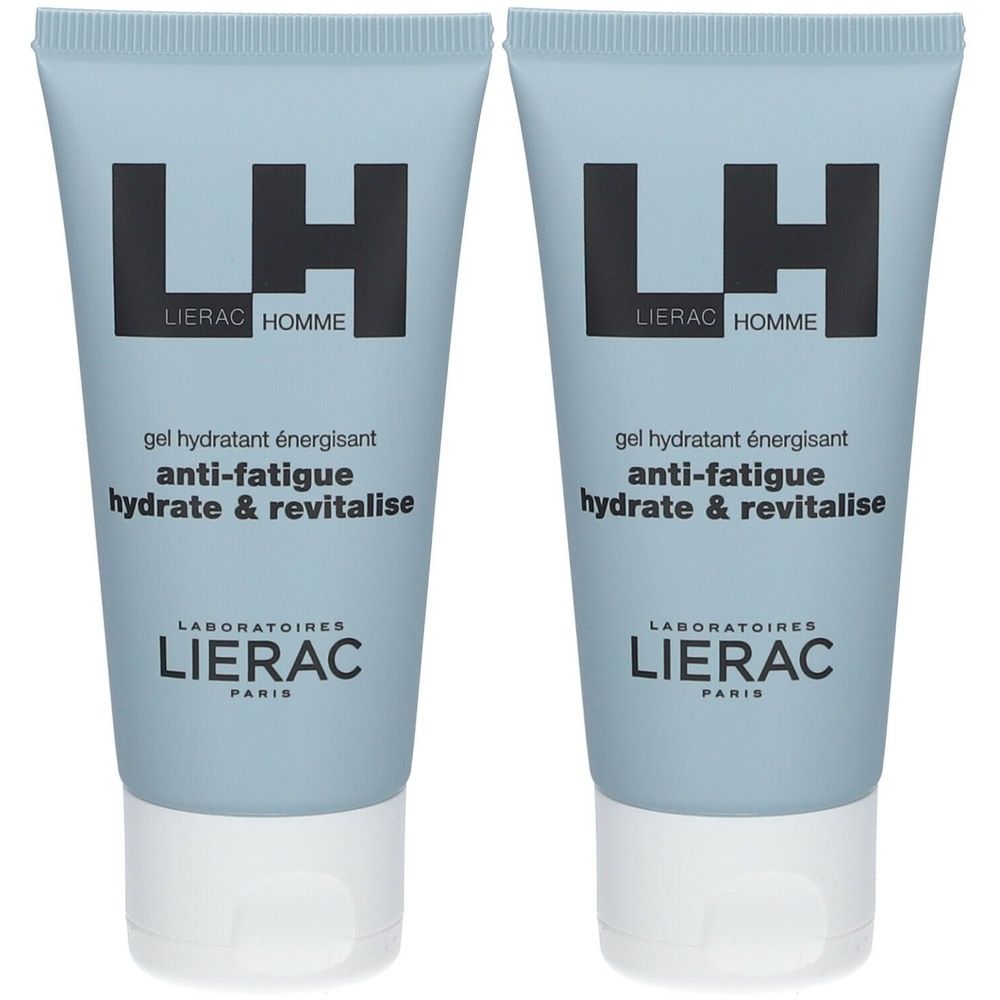 Twee blauwe tubes. Opschrift: LH, LIERAC HOMME, gel hydratant énergisant, anti-fatigue, hydrate & revitalise. Laboratoires LIERAC Paris.