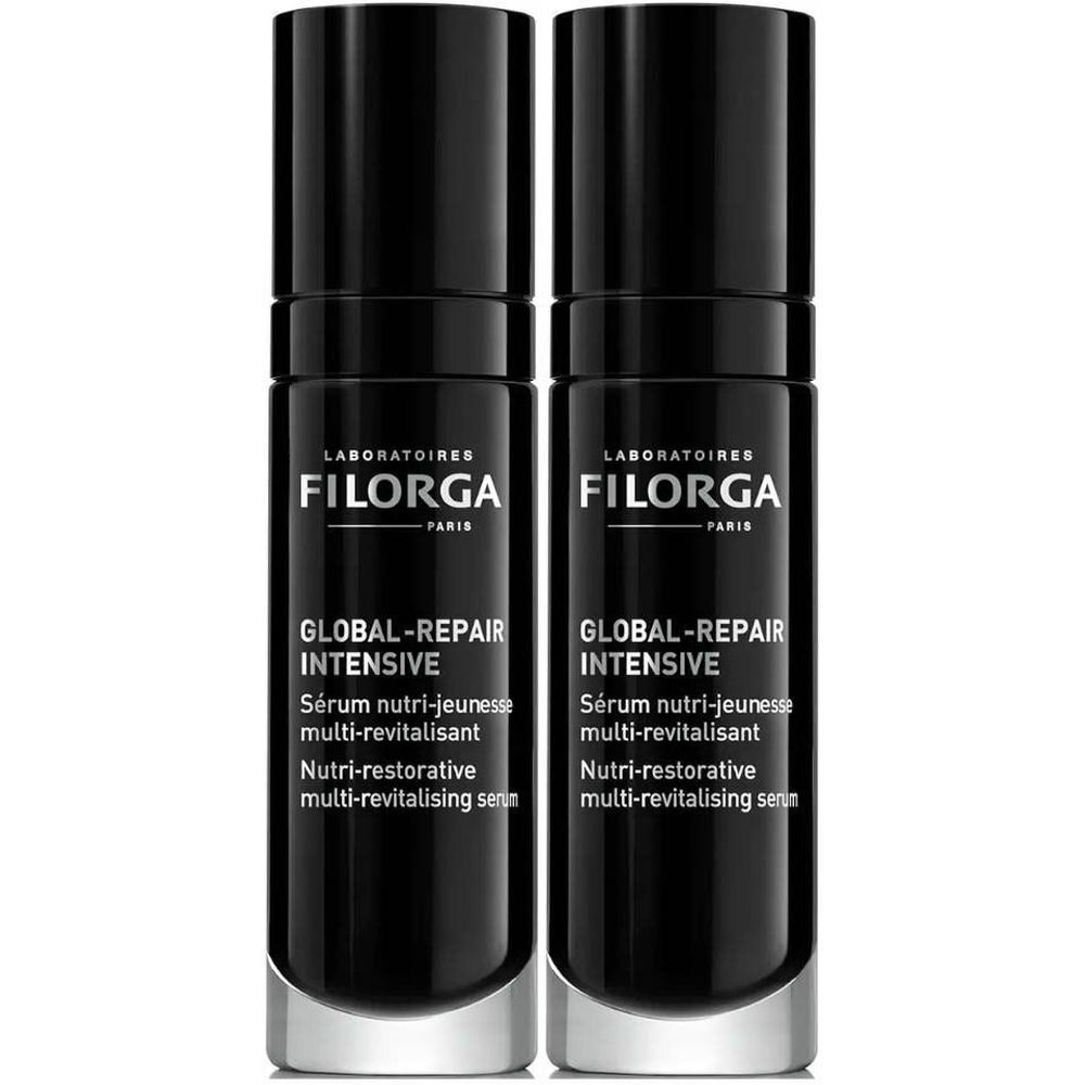 Deux flacons noirs. Inscription: FILORGA, GLOBAL-REPAIR INTENSIVE, Sérum nutri-jeunesse multi-revitalisant, Nutri-restorative multi-revitalising serin.
