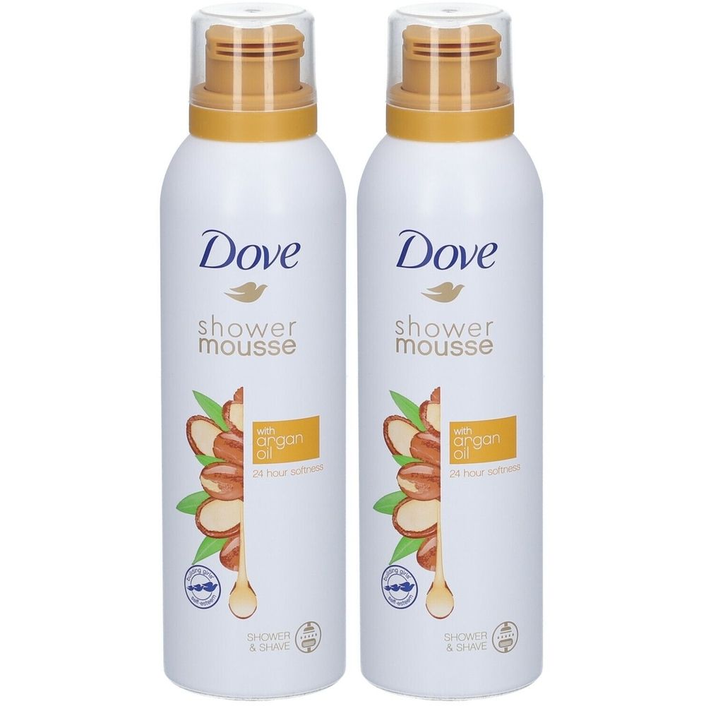 Twee witte flessen met gouden doppen. Opschrift Dove, Shower Mousse, arganolie. Illustratie van arganvruchten.