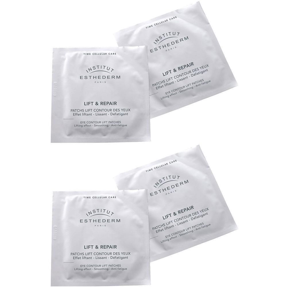 Quatre sachets blancs avec impression. Inscription : INSTITUT ESTHEDERM, LIFT & REPAIR, Eye Contour Lift Patches.