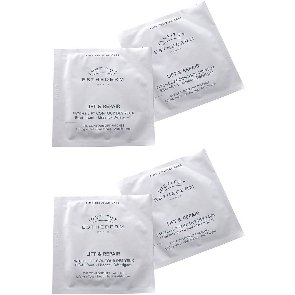 Quatre sachets blancs avec impression. Inscription : INSTITUT ESTHEDERM, LIFT & REPAIR, Eye Contour Lift Patches.