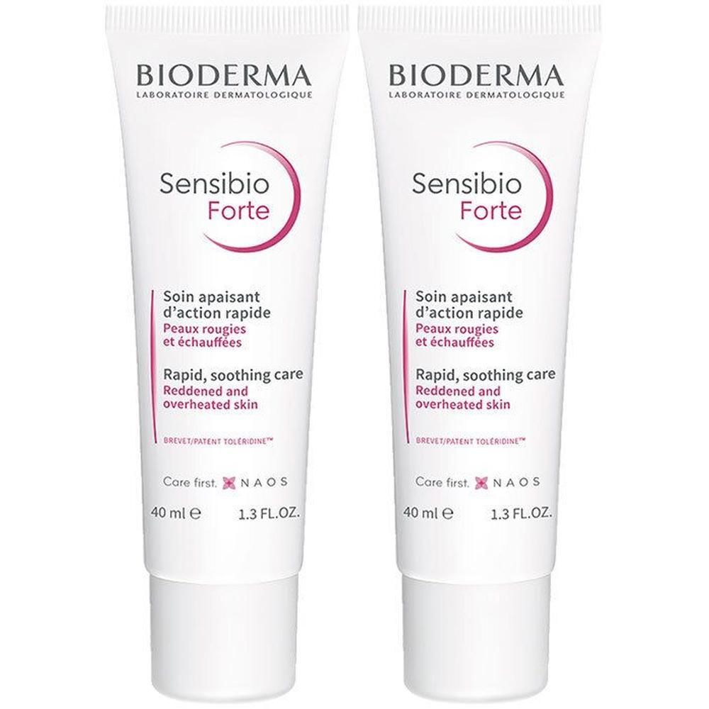 Deux tubes de crème. Marque Bioderma, Sensibio Forte. Inscriptions en français et anglais. Tubes blancs avec bouchons blancs.