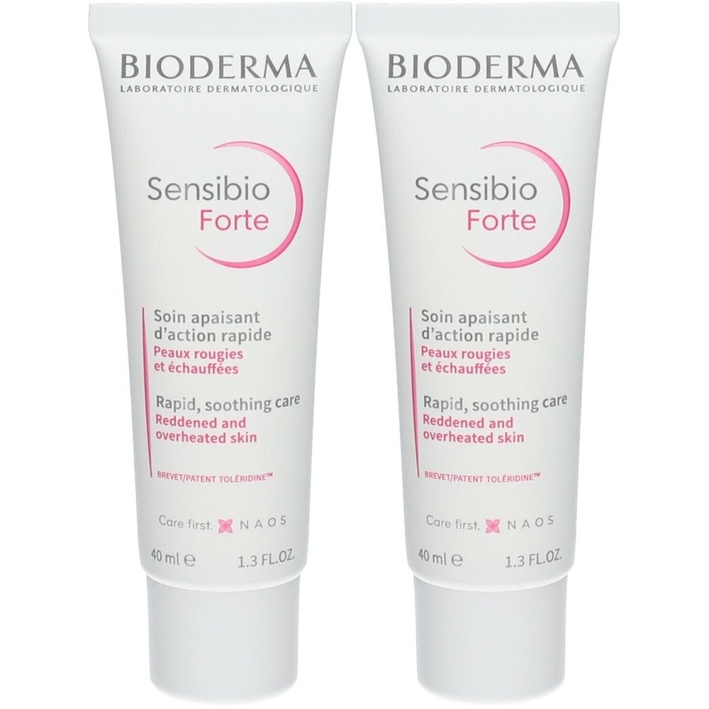 Twee tubes crème. Merk Bioderma, Sensibio Forte. Tekst in het Frans en Engels. Witte tubes met witte doppen.