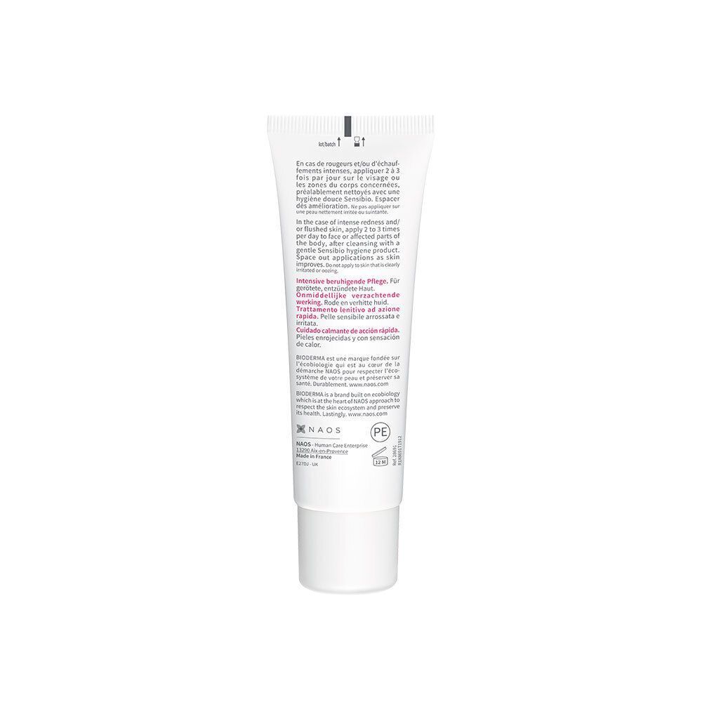 Achterkant van een witte tube. Meertalige tekst. Merk Bioderma. Informatie over het gebruik van het product.