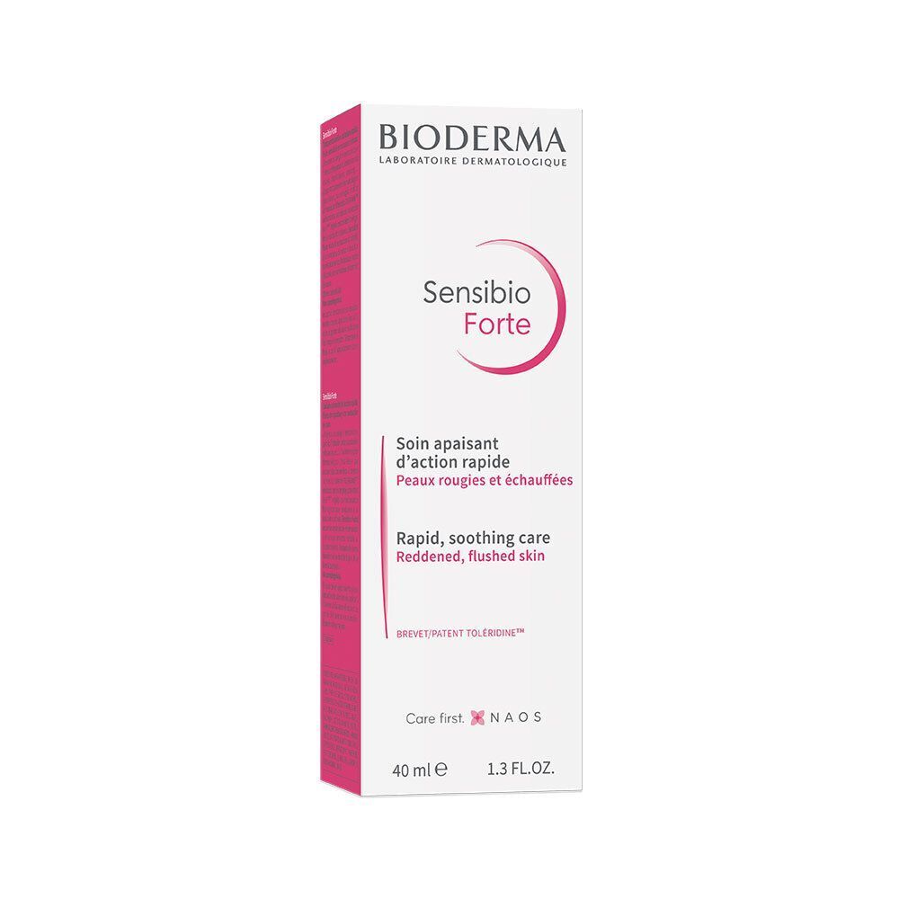 Kartonnen verpakking. Merk Bioderma, Sensibio Forte. Tekst in het Frans en Engels. Rode en witte kleuren.