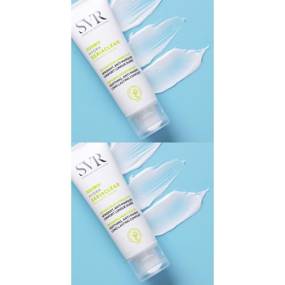 Twee tubes met crème strepen op blauwe achtergrond. Bevatten SVR, HYDRA SEBIACLEAR.