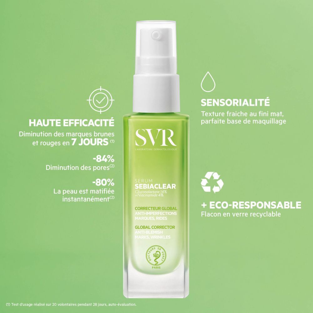 Flacon de sérum SVR SEBIACLEAR vert avec texte. Inscription : SEBIACLEAR, anti-imperfections, anti-rides. Éco-responsable.