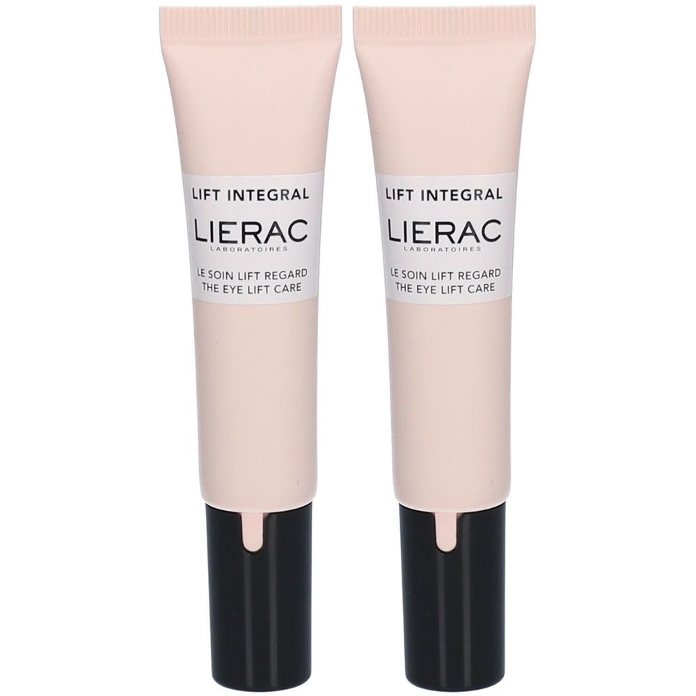 Twee tubes oogverzorging. Lichtroze tubes met zwarte dop. Opschrift: Lierac, Lift Integral, Le soin lift regard, The eye lift care.