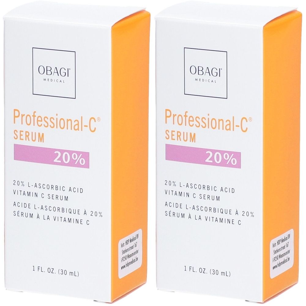 Twee witte dozen met oranje zijkanten. Opschrift: Professional-C Serum 20%. Bevat 20% L-ascorbinezuur vitamine C serum.