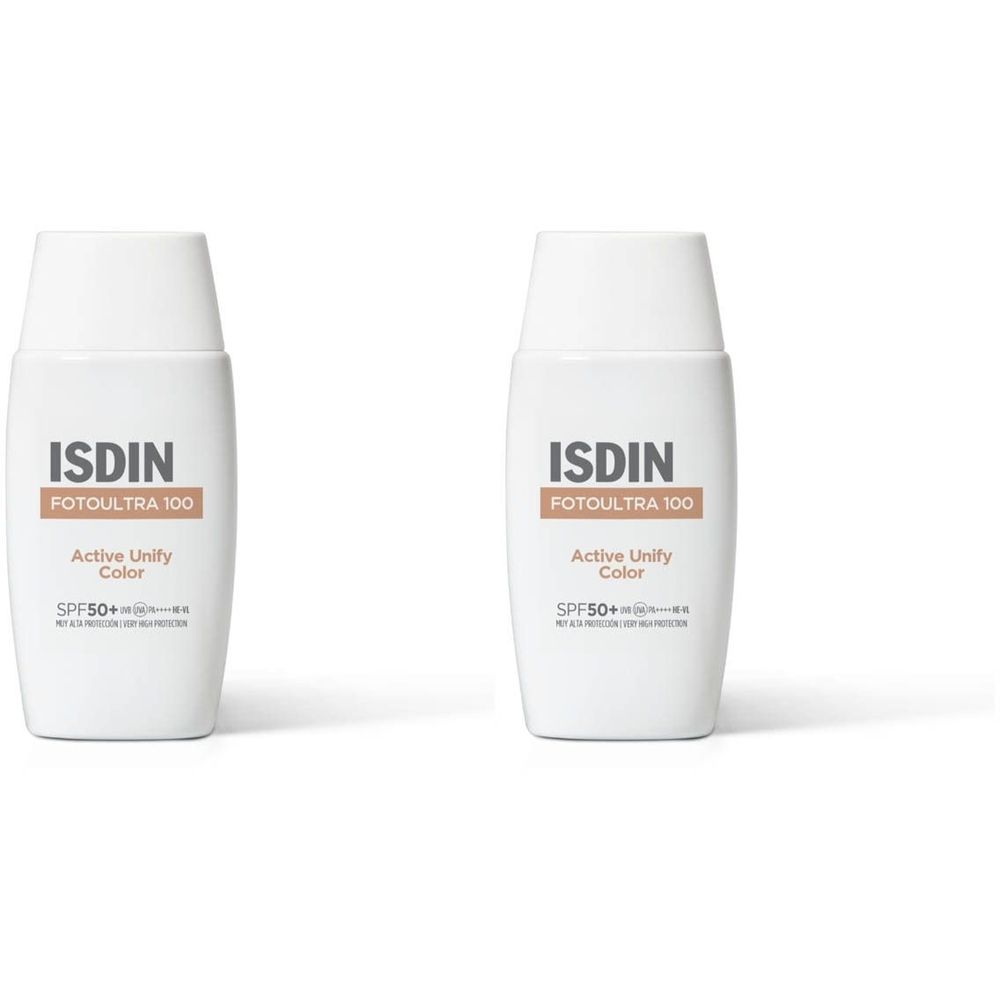 Twee witte flacons met de tekst ISDIN FOTOULTRA 100 Active Unify Color SPF50+.