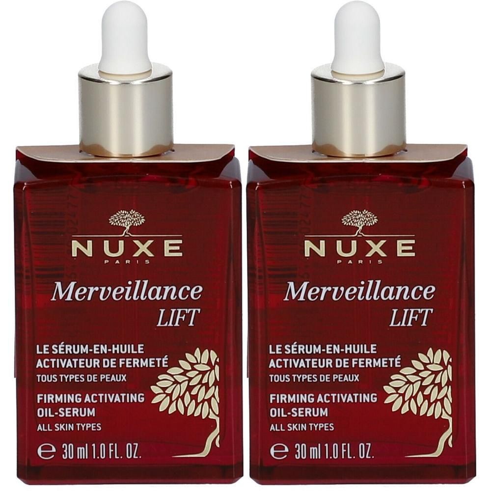 Twee vierkante flacons met gouden doppen en pipetten. Opschrift: Nuxe, Merveillance Lift, Activateur de Fermeté, alle huidtypen.