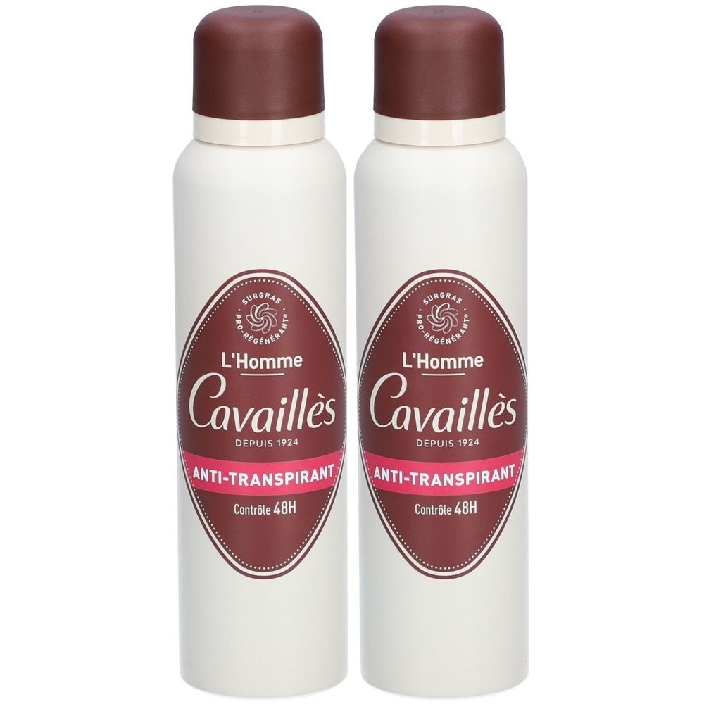 Deux déodorants blancs avec bouchons marron. Inscription : L'Homme Cavaillès, Anti-Transpirant, Contrôle 48H.