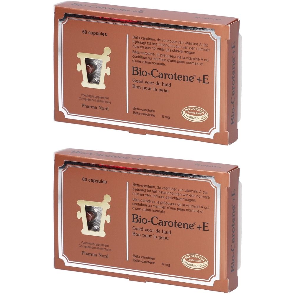 Twee bruine dozen met "Bio-Carotene +E". Opschrift "60 capsules". Merk Pharma Nord.