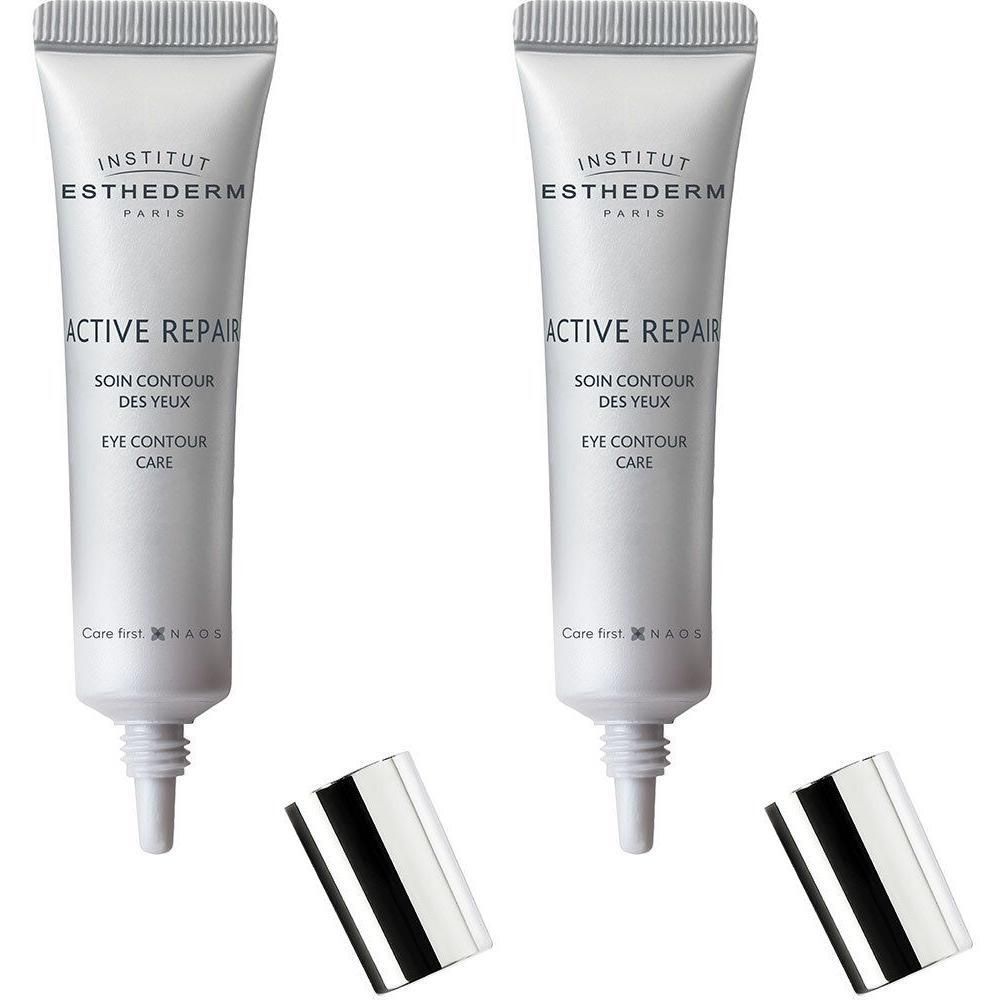 Deux tubes Active Repair Eye Contour Care avec bouchons argentés. Inscription: INSTITUT ESTHEDERM PARIS.