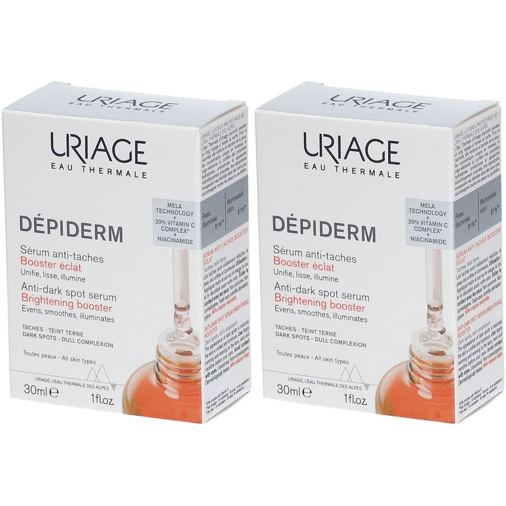 Deux boîtes Uriage Dépiderm Sérum Anti-Taches Booster Éclat. Boîtes blanches avec informations sur le produit et la marque.