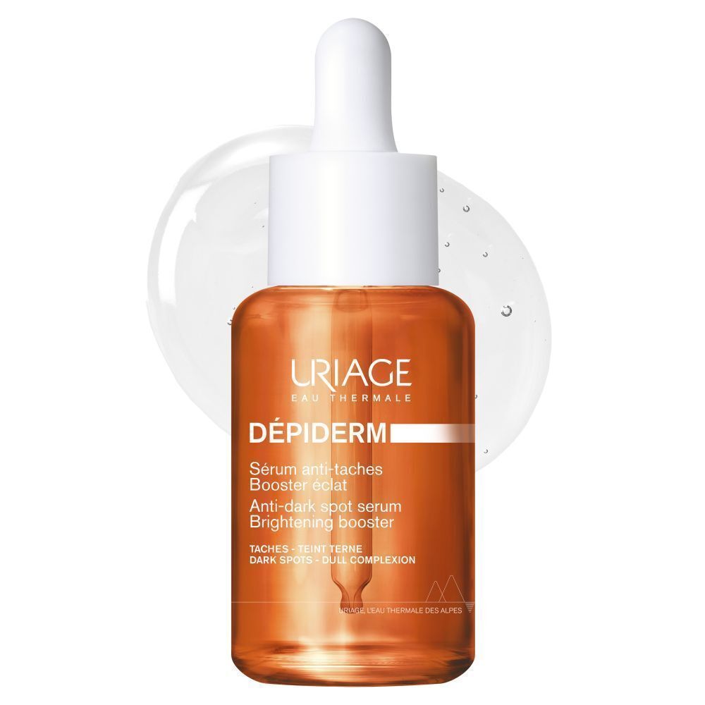 Uriage Dépiderm Sérum Anti-Taches Booster Éclat. Oranje vloeistof, witte pipet. Druppel.