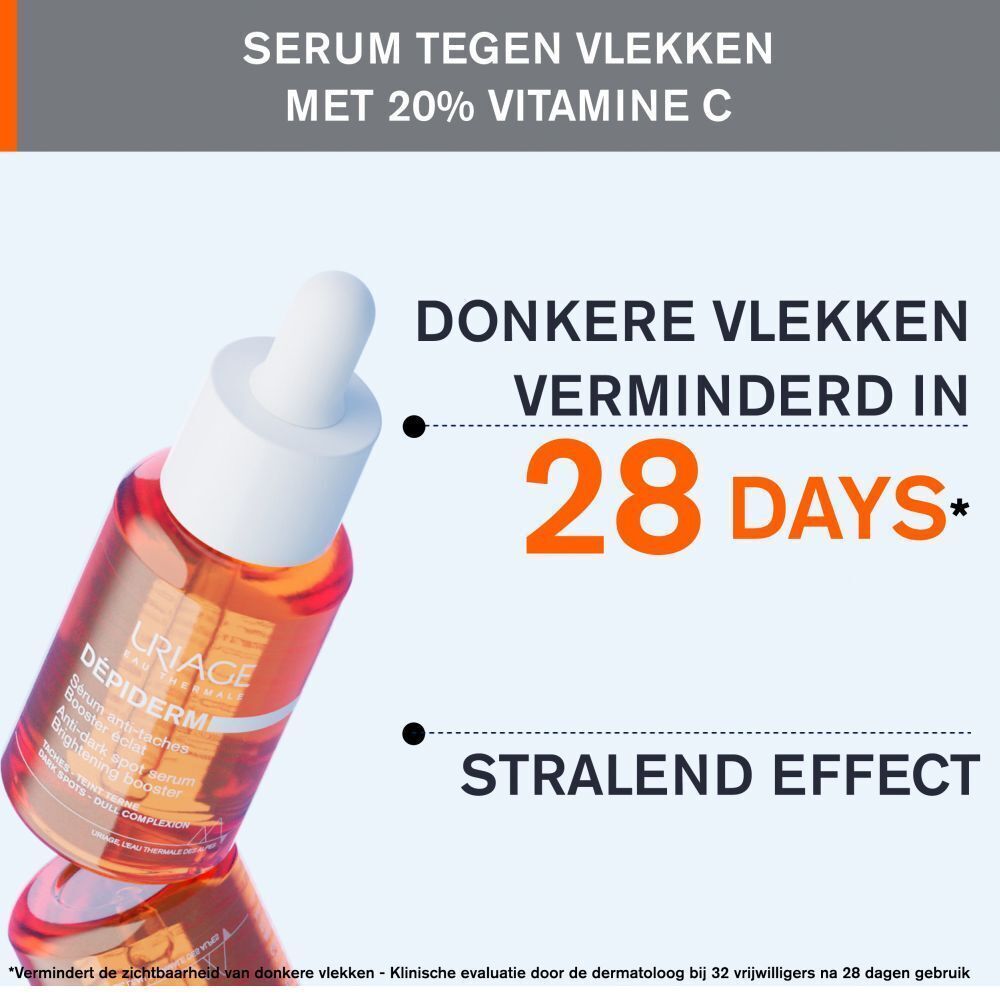 Vrouw met Uriage Dépiderm Sérum. Tekst: Taches réduites en 28 jours. Effet coup d'éclat.